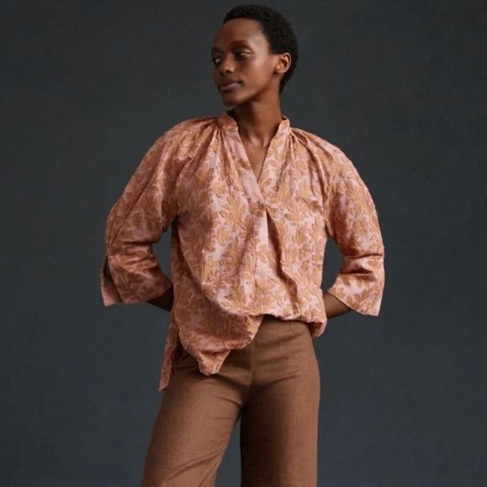 Anthropologie Pink Embroidered Popover 3/4 Sleeve Blouse Women's Size XS